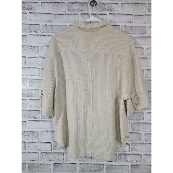NWT Miou Muse Oversized Gauze Frayed Hem Button Down Ivory Shirt Size Large - Picture 7 of 7